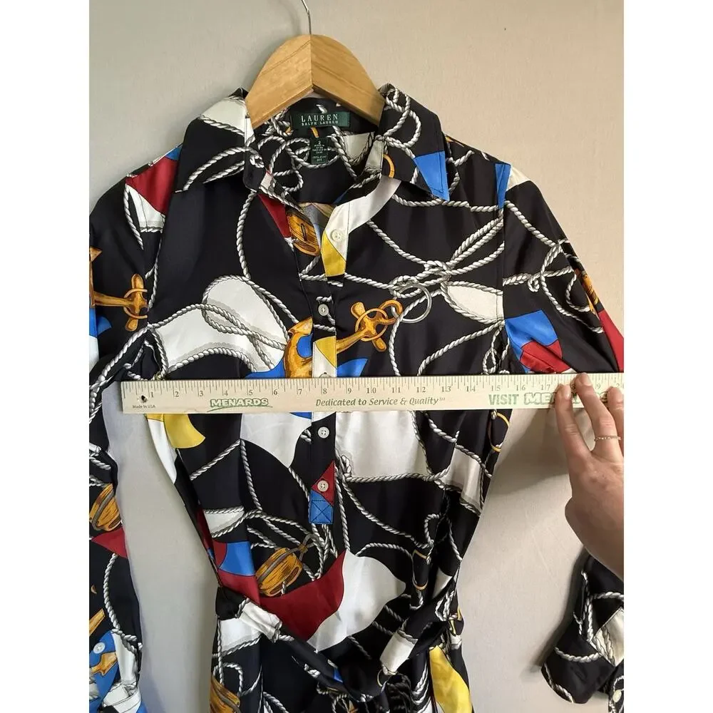 Lauren Ralph Lauren Nautical Silk Shirt Dress Women’s Size 2 Rope Flag Anchor - Picture 3 of 7